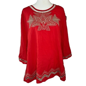 NWT Solitaire Women's‎ orange/beige 3/4 slv Embroidered tunic Large